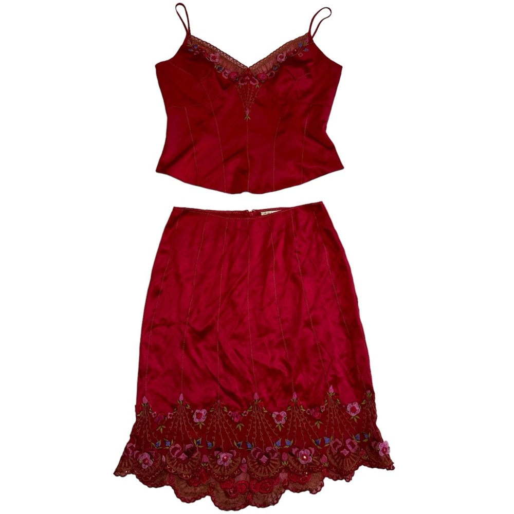 Kathryn Dianos vintage red 100% silk corset and skirt set
